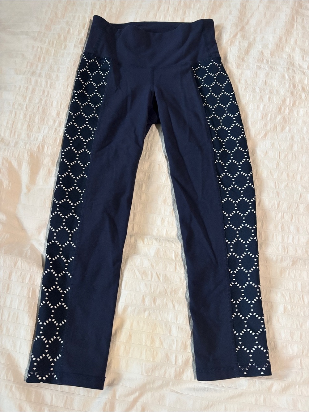 Athleta Navy Capris with White Diamond Dot Side Panels